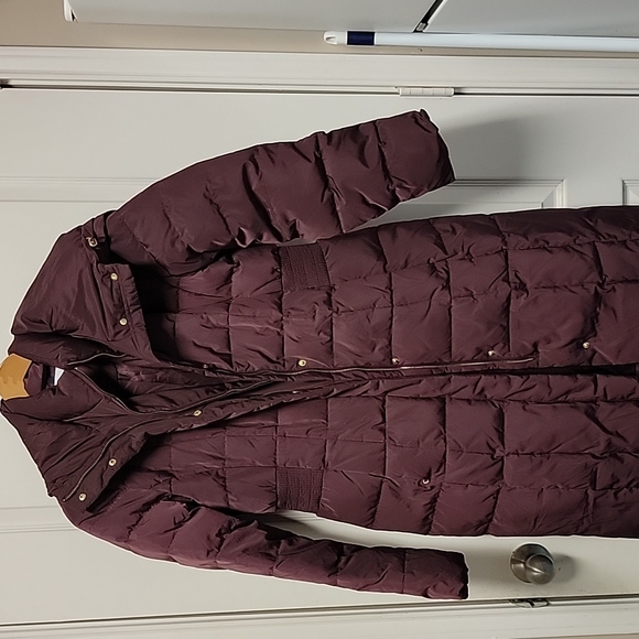 ¹Cole Haan burgundy size medium puffer trench doubled zip and button with hood z - Picture 1 of 5